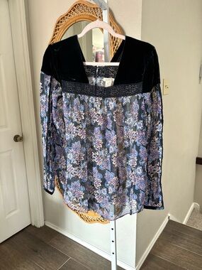 Sundance / Blue Blouse Fairy Top Sheer Floral Velvet  Lace Trim Whimsigoth